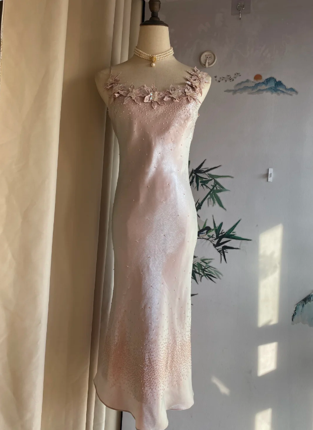 Sweet Pink Mermaid Halter 3D Floral Satin Prom & Evening Dress Bridesmaid Dress - FashionDia