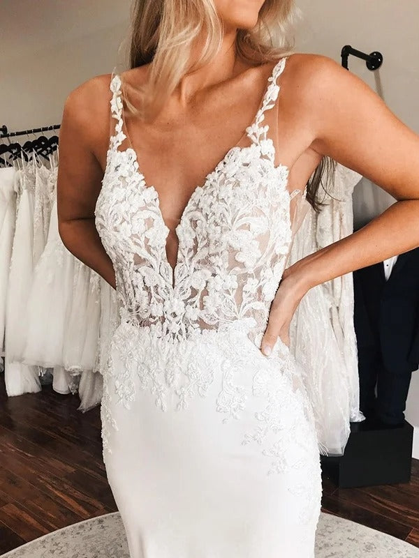 Mermaid Sleeveless Deep V Neck Lace Long Train Wedding Dress