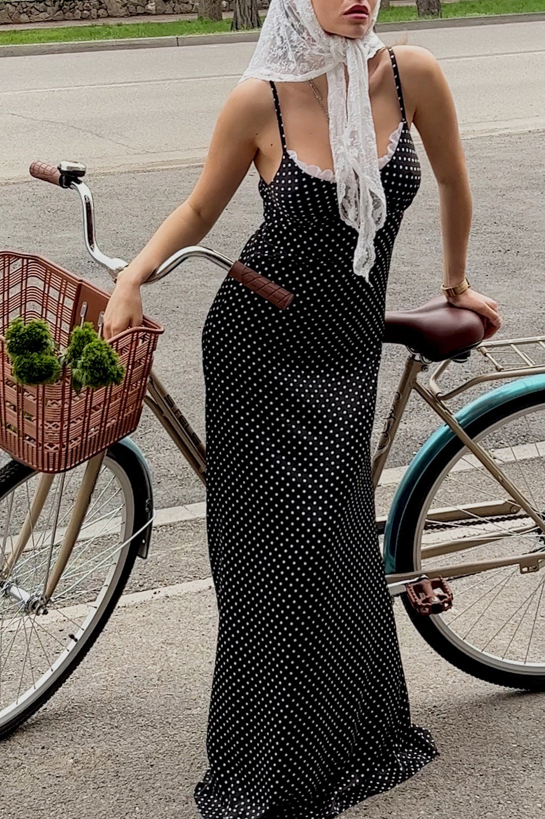 Polka Dot Lace Trim Cami Maxi Dress - VelvetHem