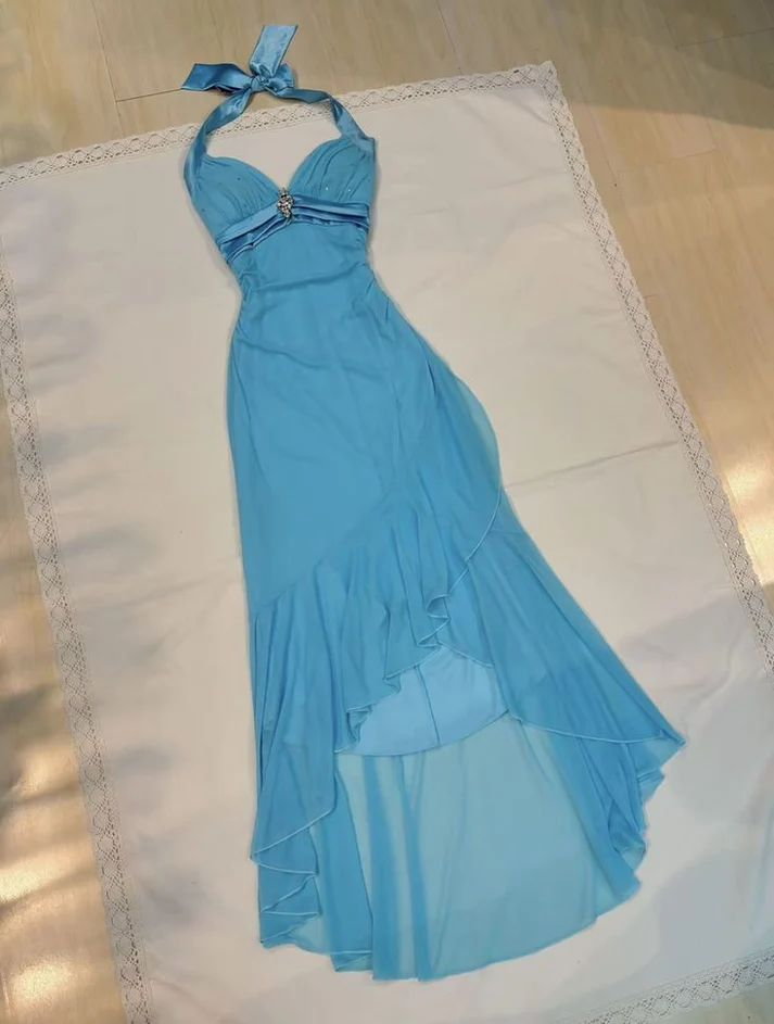 Blue Halter Chiffon Long Prom Dress Ruffles Mermaid Party Evening Dress J8199