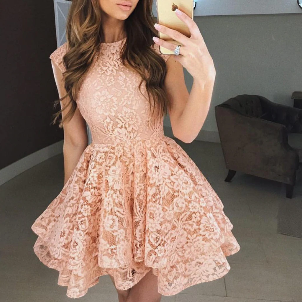 Round Neck Cap Sleeves Short Lace Prom Dresses, Round Neck Short Cap Sleeves Lace Formal Homecoming Graduation Dresses - View 3 | FashionDia