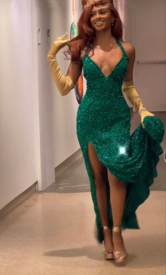 Charming Green Sequins Prom Dress With Split,Green Evening Dress