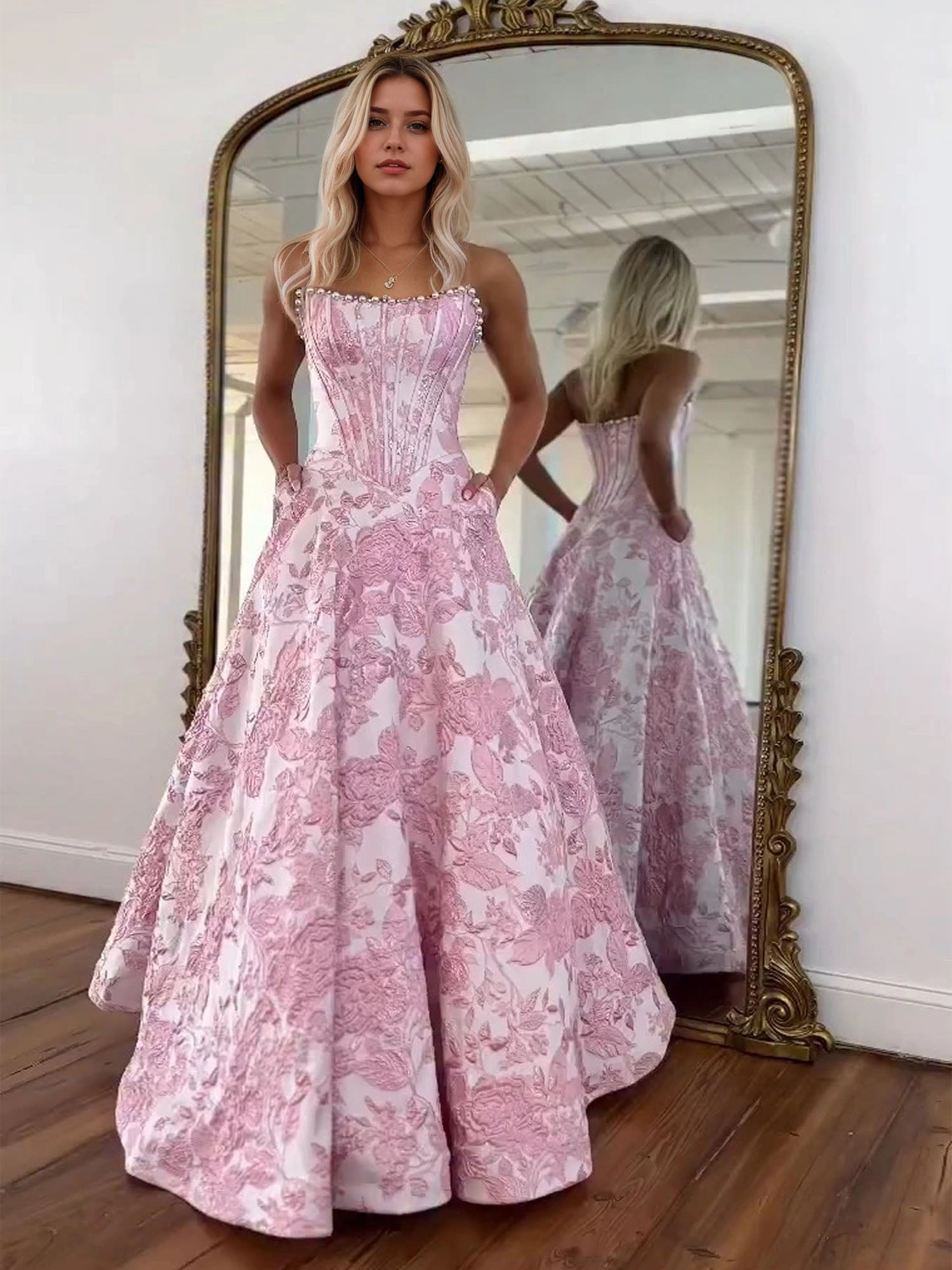 Prom Dresses 3D Floral Strapless Evening Party Dresses with Bead
