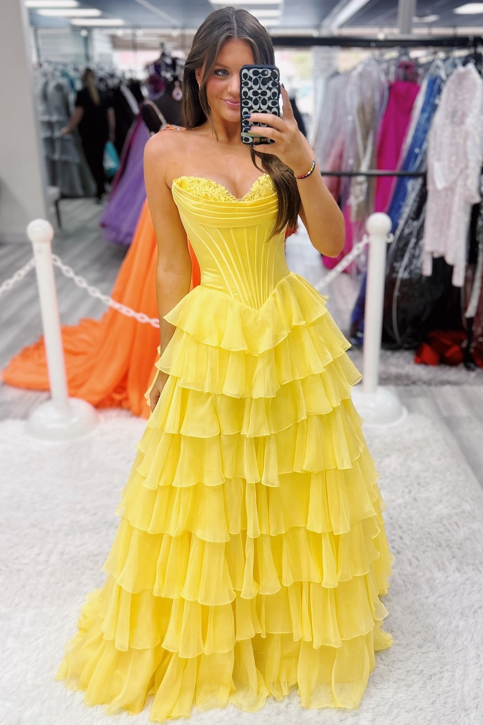 Stunning A-Line Sweetheart Satin Top Long Tiered Chiffon Prom Dress with Slit - View 14 | FashionDia