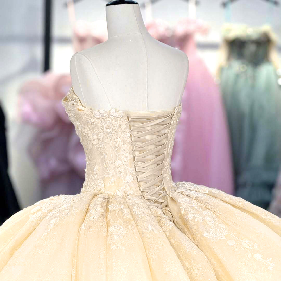 Gorgeous A-Line Sweetheart Champagne Quinceanera Dress with Appliques Criss Cross Up - View 2 | FashionDia