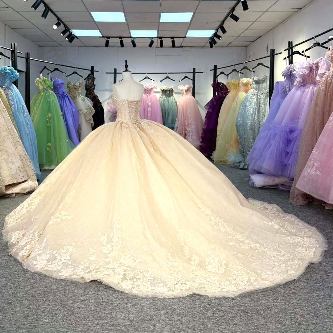 Gorgeous A-Line Sweetheart Champagne Quinceanera Dress with Appliques Criss Cross Up - View 7 | FashionDia
