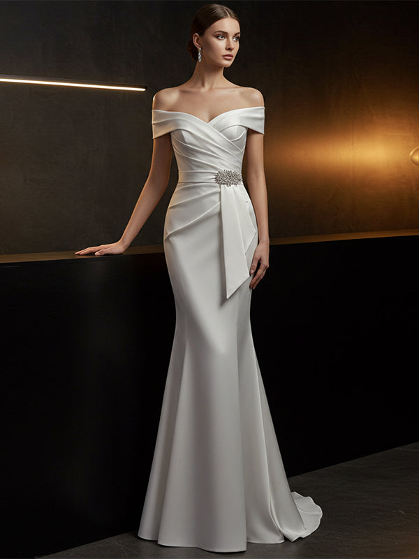 Elegant Evening Satin Dress Off-Shoulder Mermaid White Sash Rhinestone Dress - FashionDia