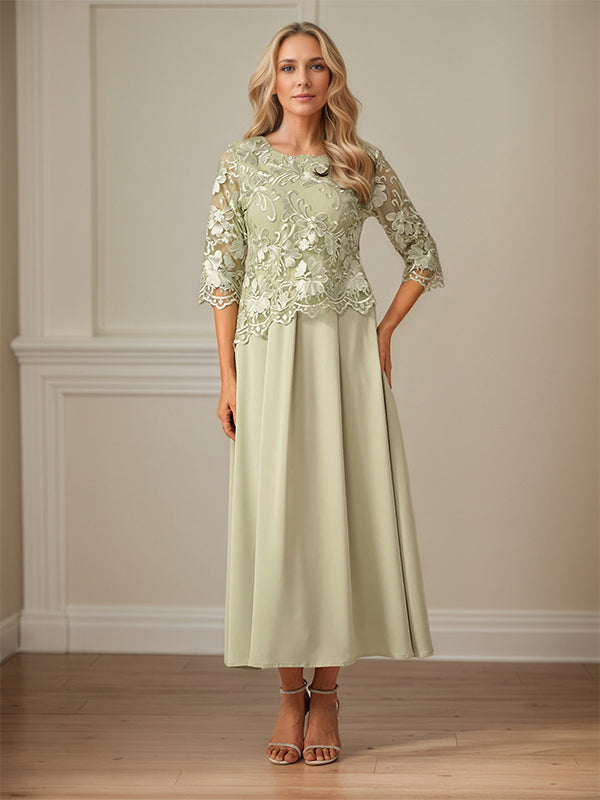 Crew Neck A Line Ruffle Ruched Lace Maxi Dress Mother Of The Bride Dress
