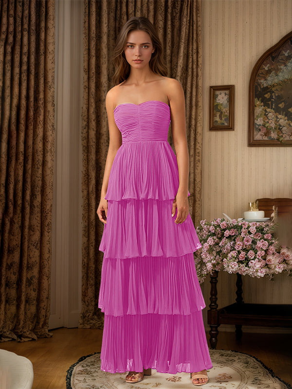Burgundy A-Line Sweetheart Floor-Length Tiered Chiffon Bridesmaid Dress