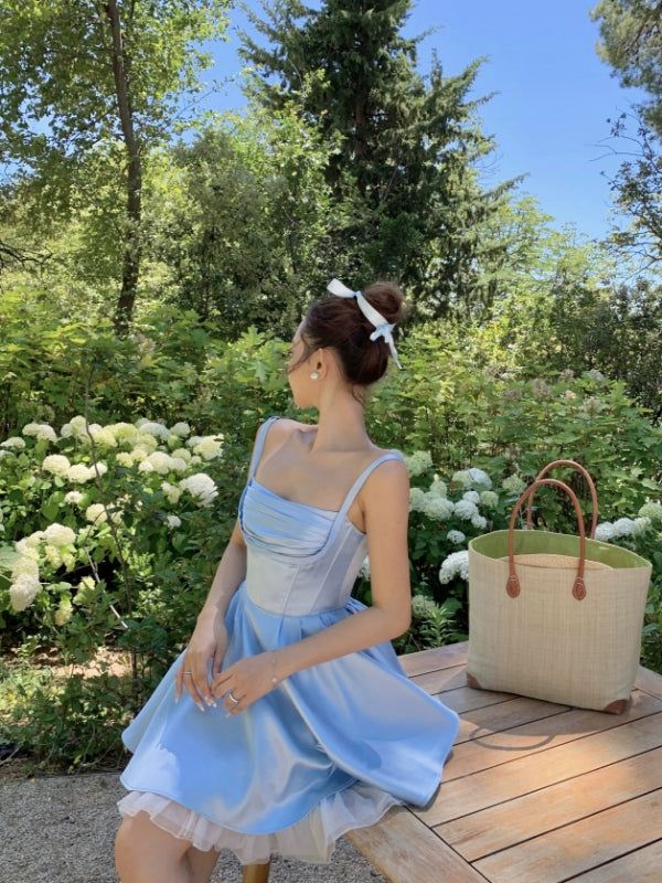 Blue Short Prom Dress Satin A-Line Homecoming Dress Birthday Outfit
