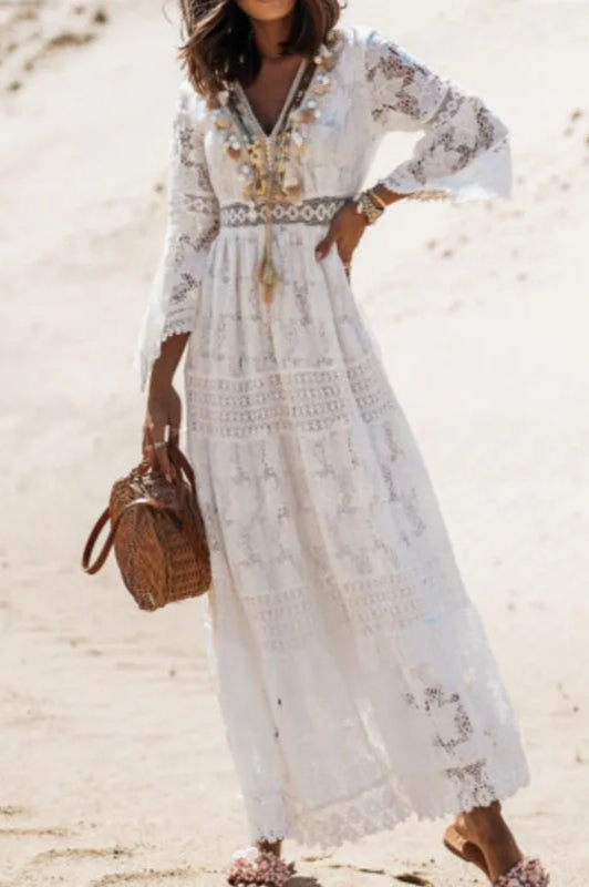 Lace V Neck Dress with Relaxed Fit and Boutique Fashion Look