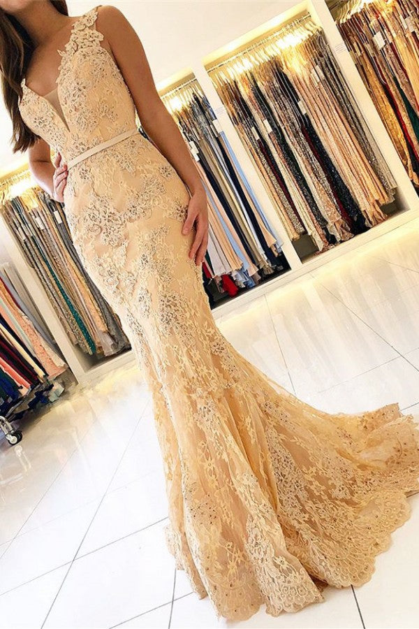 V-Neck Sleeveless Mermaid Evening Dress Lace Appliques - VelvetHem
