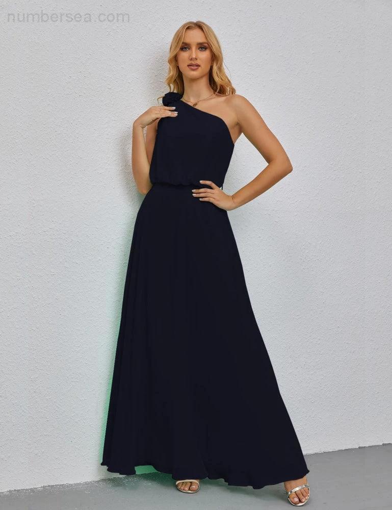 Ruffled One Shoulder Sleeveless Long Bridesmaid Dresses A-line Formal Evening Gown Side Split 28080 (ZD17018)