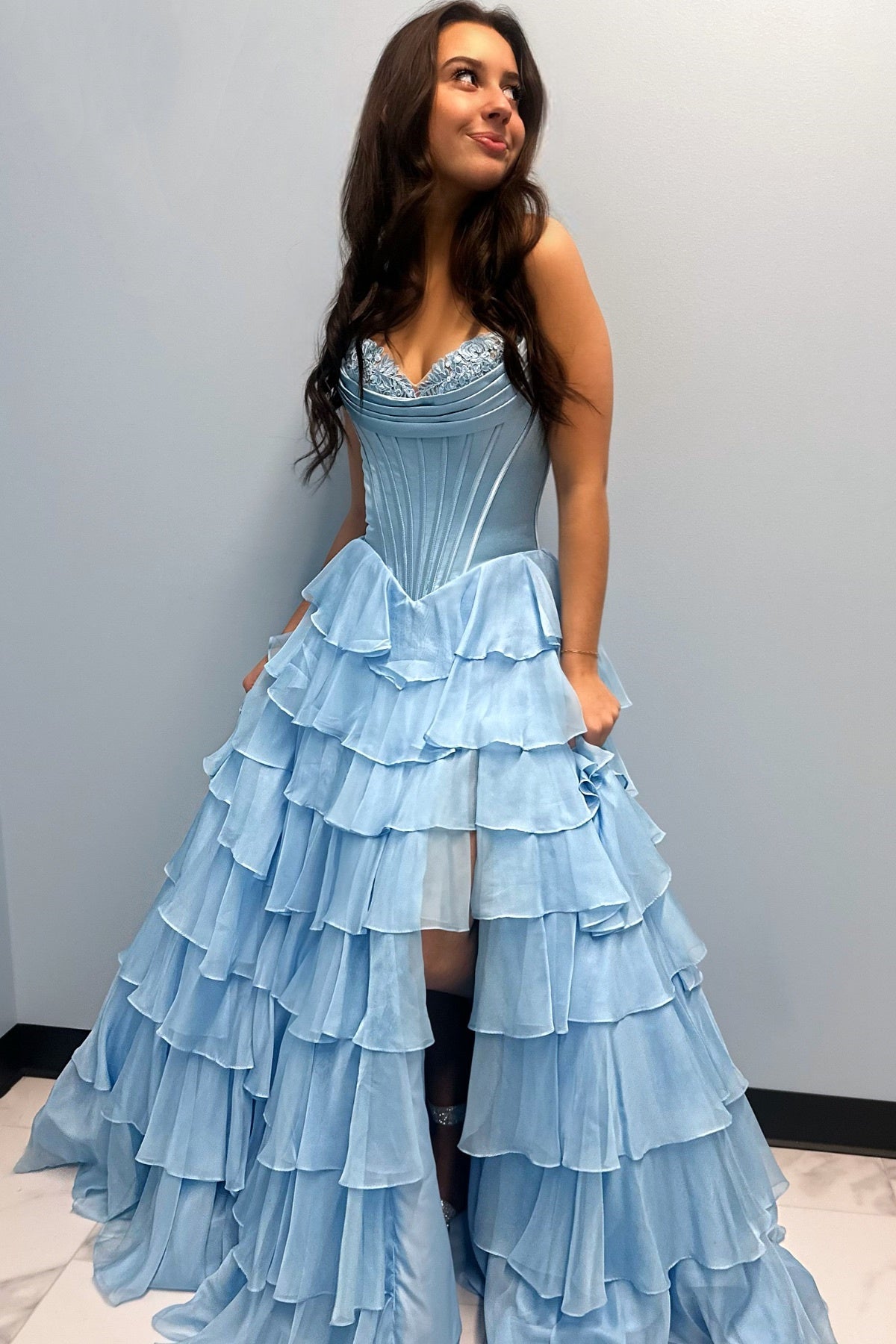Lovely Yellow A-Line Sweetheart Long Tiered Prom Dress with Slit - View 3 | FashionDia
