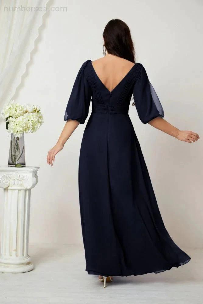 ZapDress Formal Prom Gown Women V-Neck Chiffon Bridesmaid Dresses Long Bishop Sleeve Party Dress 2807 (ZD17027)