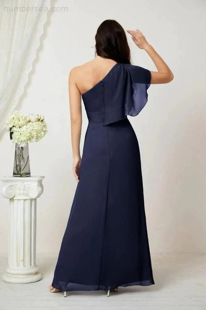 ZapDress Chiffon Ruffled One Shoulder Long Bridesmaid Dresses A-line Formal Evening Gown Side Split 2809 (ZD17049)