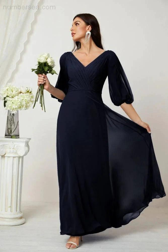 ZapDress Formal Prom Gown Women V-Neck Chiffon Bridesmaid Dresses Long Bishop Sleeve Party Dress 2807 (ZD17027)
