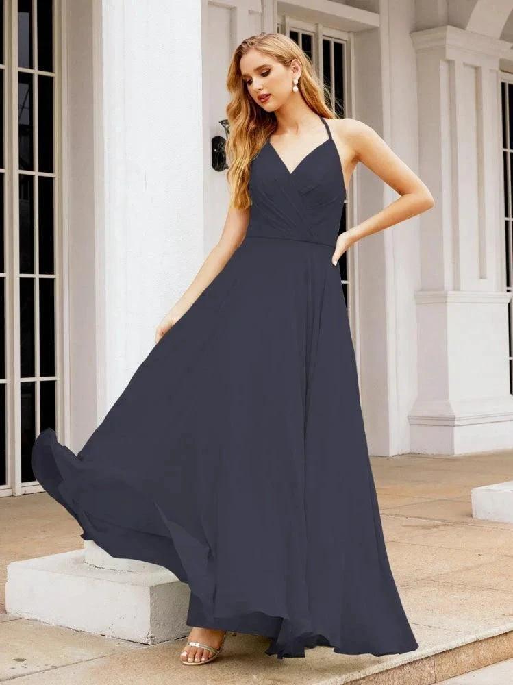 Numbersea Halter Chiffon Bridesmaid Dresses Wedding Appare Sleeveless Formal Prom Dress with Ruffled Back 28035 by numbersea