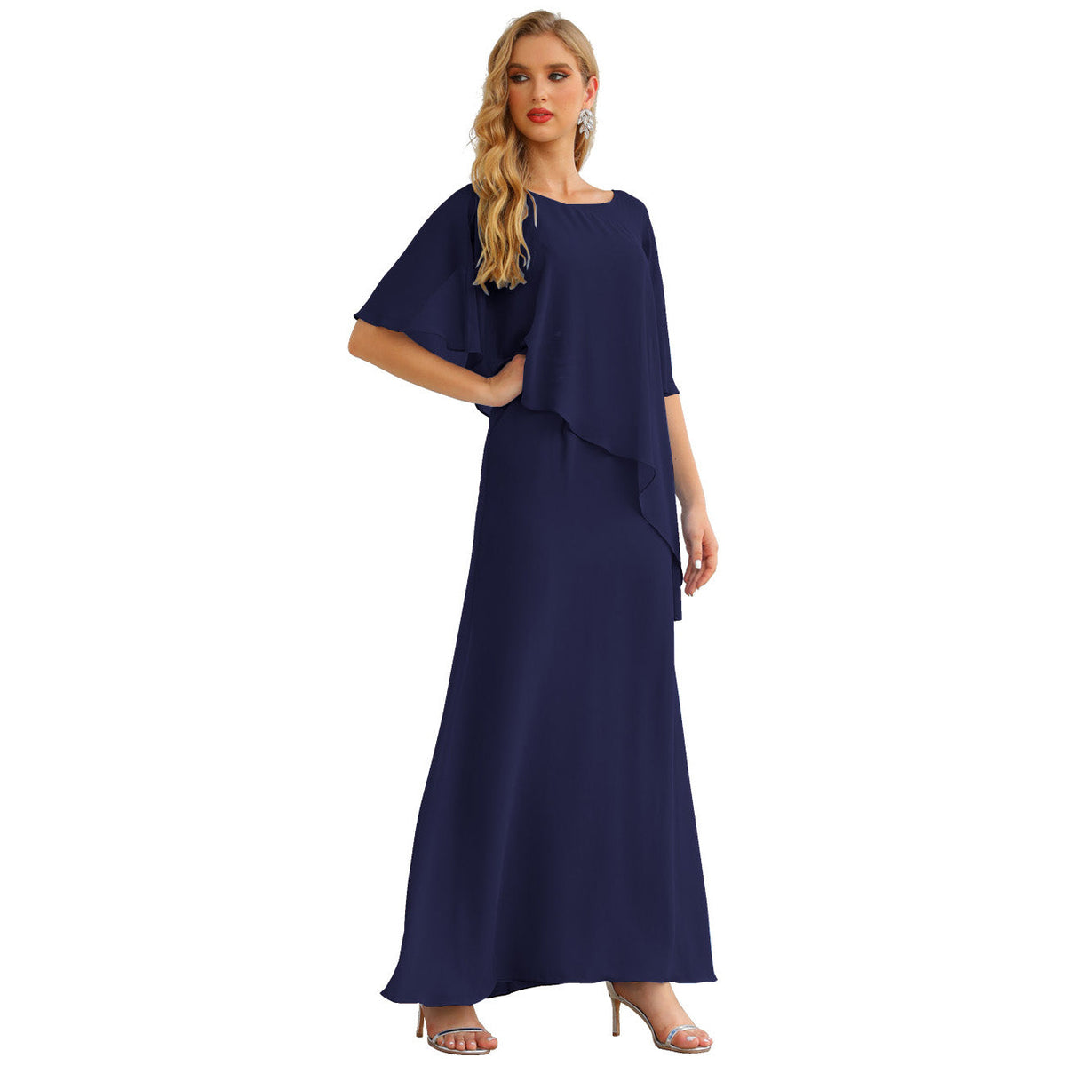 Sunnderly Chiffon Plus Size Mother of The Bride Dresses Formal Prom Gown Ruffle Cape - View 15 | VelvetHem
