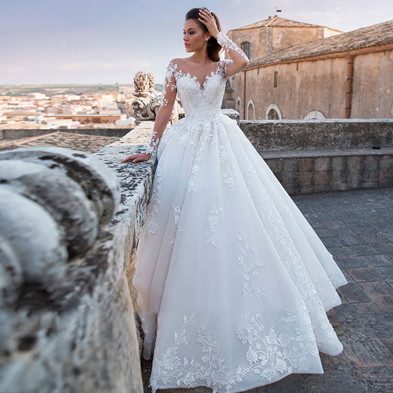 Deep V-Neck Long Tail Wedding Dress - Fashionpara