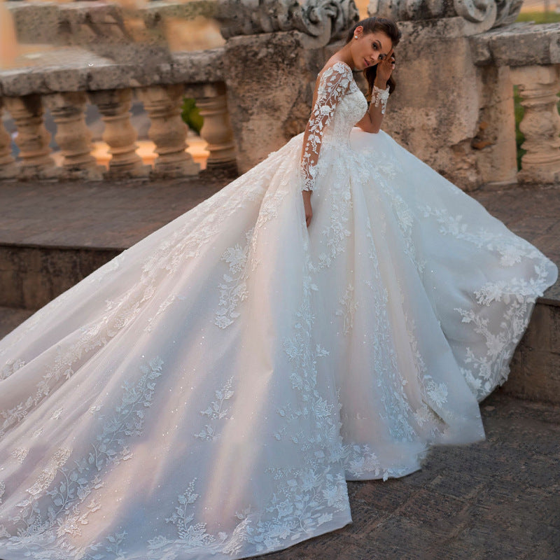 Deep V-Neck Long Tail Wedding Dress - Fashionpara