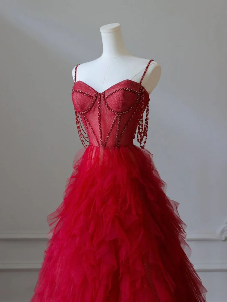 Charming Burgundy Sweetheart Neck Tulle Beads Long Prom Dress A-Line Party Evening Gown - View 2 | FashionDia