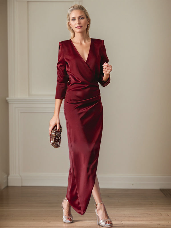 Elegant V-Neck Long Sleeves Asymmetrical Charm Mother Of The Bride Dress With Slit - FashionDia