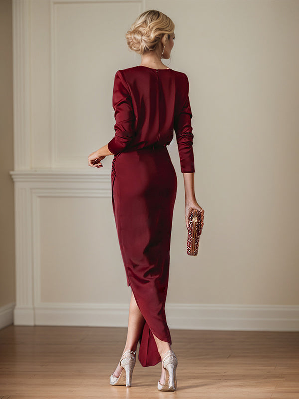 Elegant V-Neck Long Sleeves Asymmetrical Charm Mother Of The Bride Dress With Slit - View 2 | FashionDia