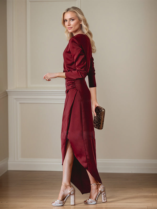 Elegant V-Neck Long Sleeves Asymmetrical Charm Mother Of The Bride Dress With Slit - View 3 | FashionDia