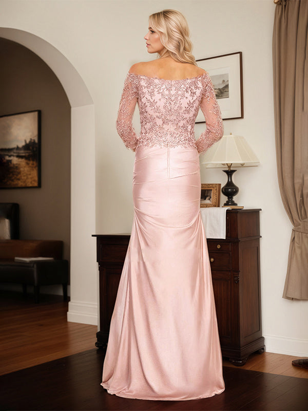 Semi Sheer LIlusion Sleeves Ruched Waist Mother Of The Bride Dresses With Off-the-Shoulder - View 2 | FashionDia