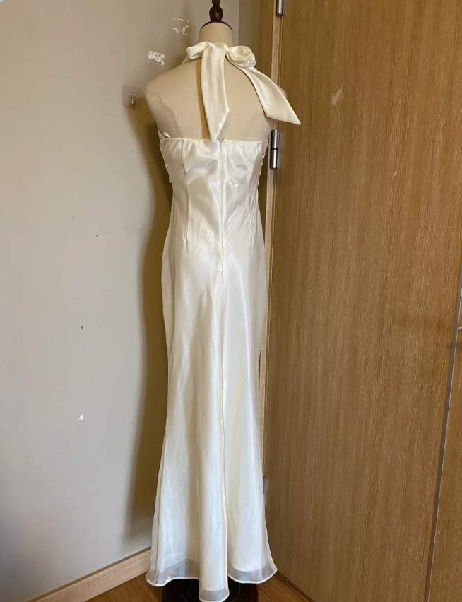Elegant White Mermaid Halter Neck Satin Long Prom & Evening Dress - View 3 | FashionDia