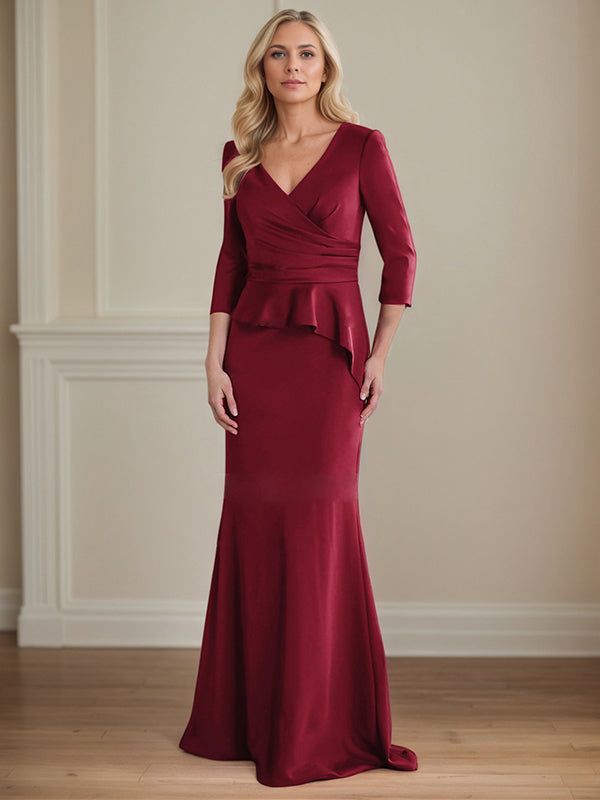 Modest Trumpet Long Sleeves V-Neck Satin Mother Of The Bride Dresses With Ruffle - FashionDia