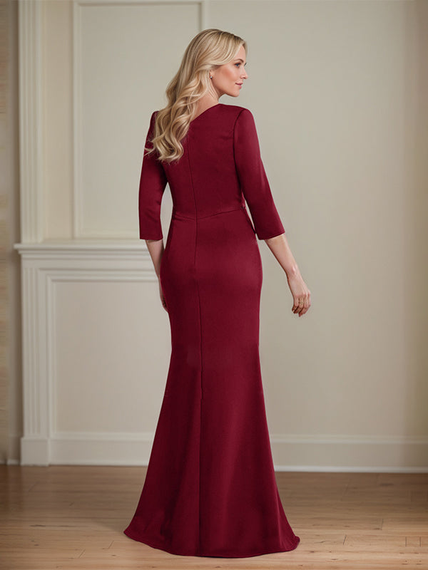 Modest Trumpet Long Sleeves V-Neck Satin Mother Of The Bride Dresses With Ruffle - View 2 | FashionDia