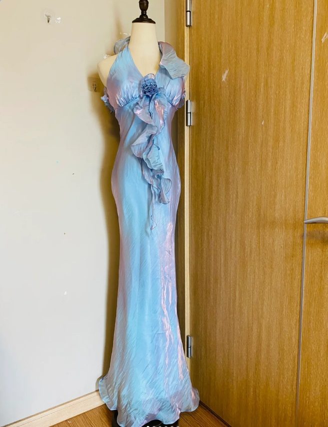 Dreamy Mermaid 3D Floral Ruffle Halter Neck Satin Long Prom Dress Evening Dress - VelvetHem