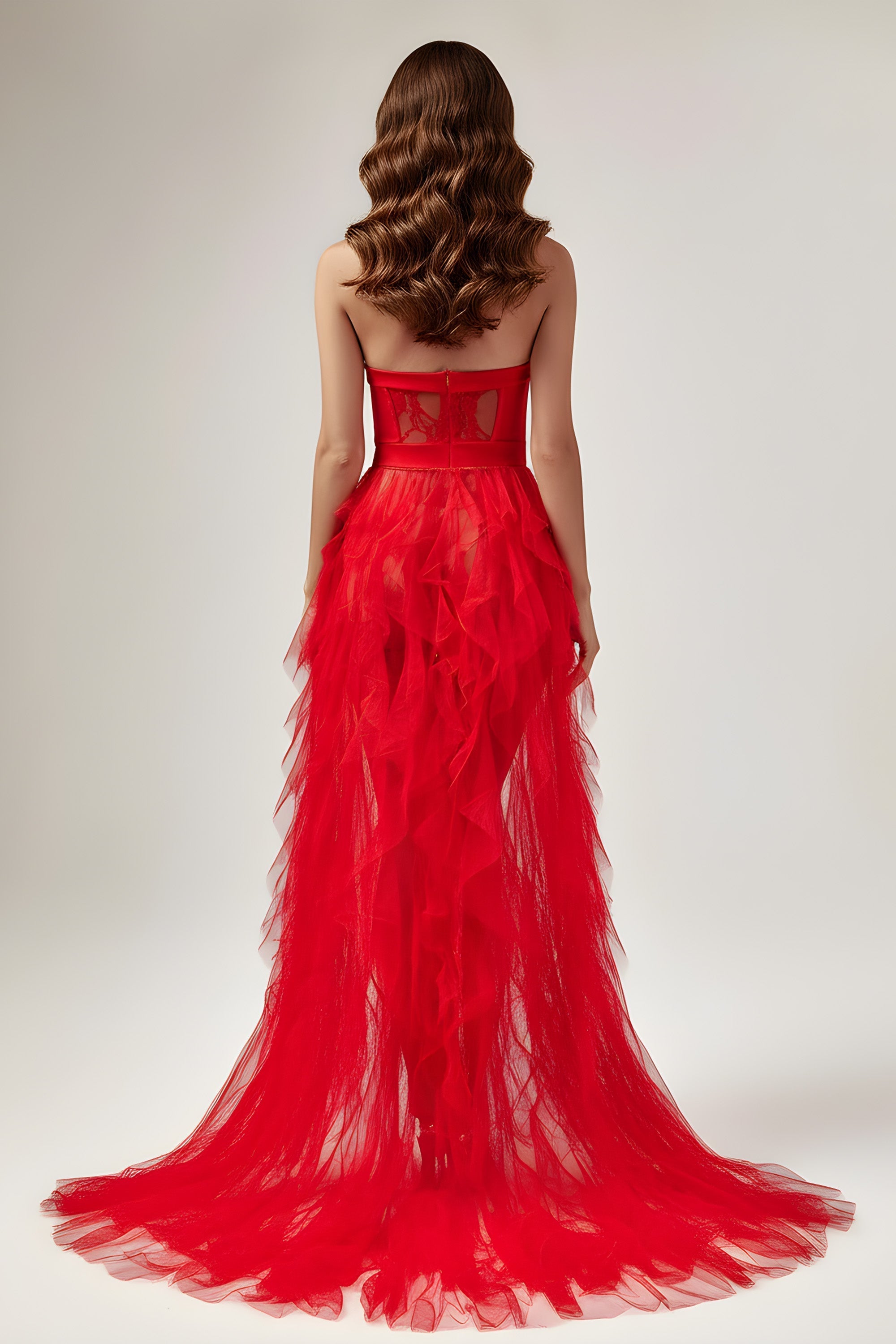 Strapless Lace Corset Maxi Dress With Tiered Ruffle Tulle Skirt