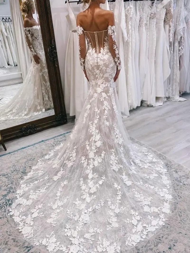 Mermaid Off-the-Shoulder Long Sleeves Cover Button Back Lace Wedding Dress