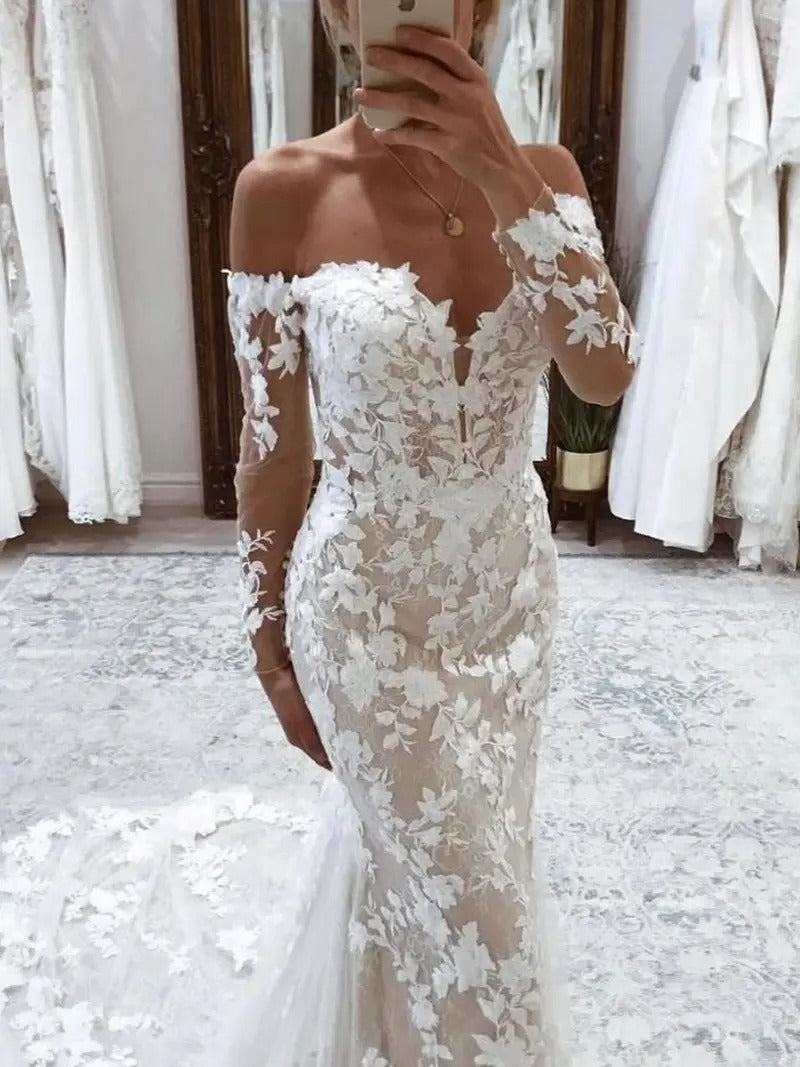 Mermaid Off-the-Shoulder Long Sleeves Cover Button Back Lace Wedding Dress