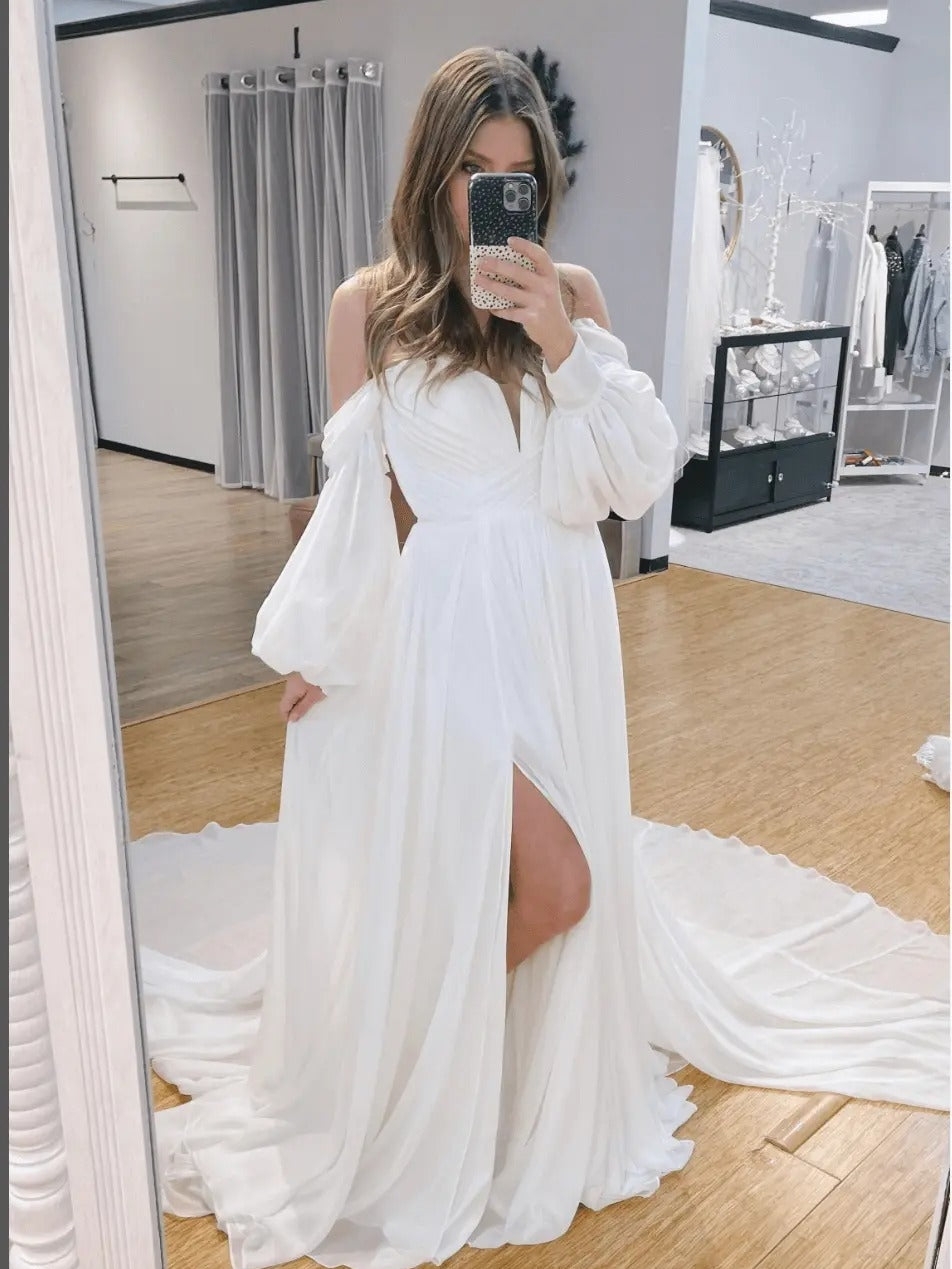 High Slit Off-the-Shoulder Puff Long Sleeve Chiffon A-Line Wedding Dress - FashionDia