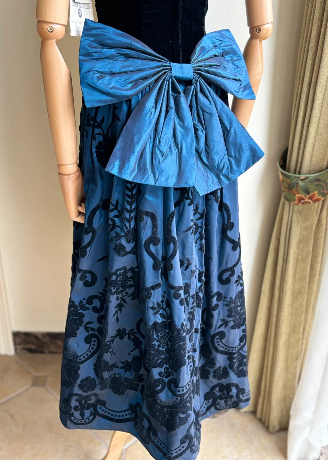 Retro Blue And Black A-Line Strapless Bow Jacquard Velvet Long Prom & Evening Dress - View 7 | FashionDia