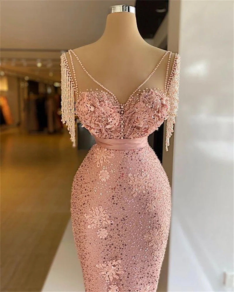 Pink Mermaid Prom Dresses V Neck Sequins Pearls Tassel Famous Long Formal Red Carpet Gowns
