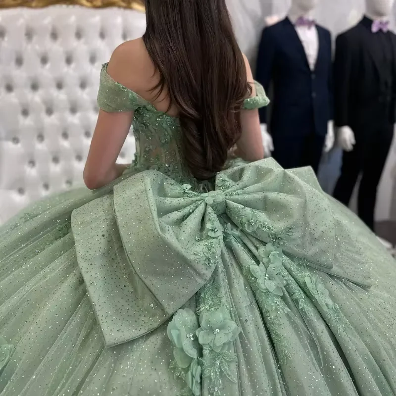 Beautiful Tulle Sequins Off-the-Shoulder Quinceanera Dress,Green Ball Gown With Bow - View 2 | FashionDia