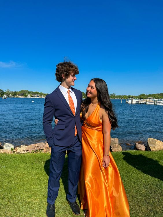 Orange A-Line V-Neck Prom Dress,Orange Bridesmaid Dress - View 2 | FashionDia