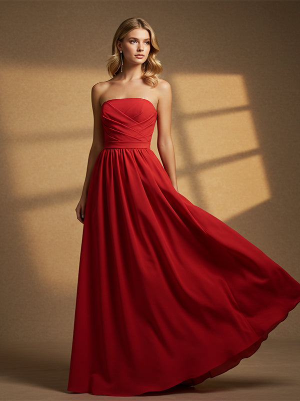 Elegant Formal Red Maxi Prom Dress Off-the-Shoulder Strapless Evening Gown - FashionDia