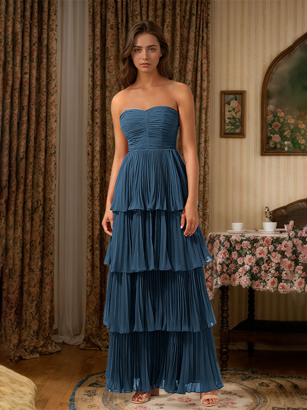 Burgundy A-Line Sweetheart Floor-Length Tiered Chiffon Bridesmaid Dress