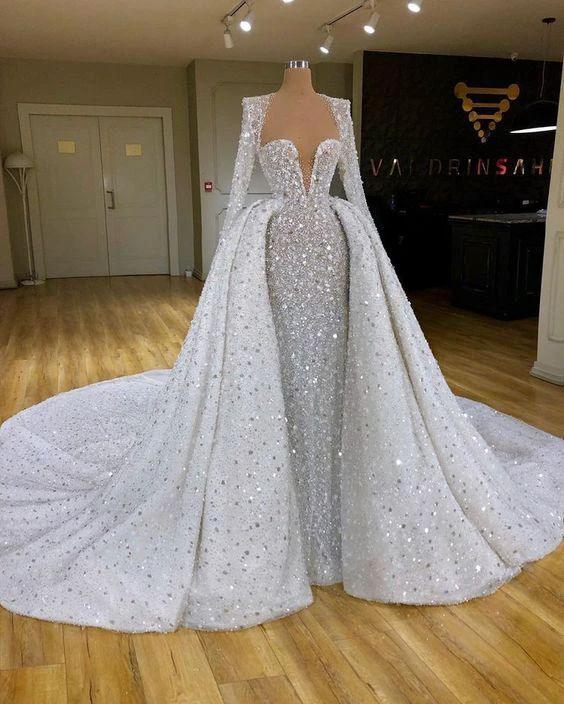 Sexy Sweetheart Plus Size Mermaid Wedding Dresses With Trains Beaded Sequin Long Sleeve Bridal Gowns New Arrival Prom Dress (ZD13581)