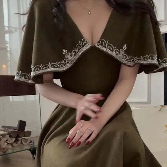 Retro Style V-Neck Long Prom Dress,Winter Dance Dress - View 2 | FashionDia