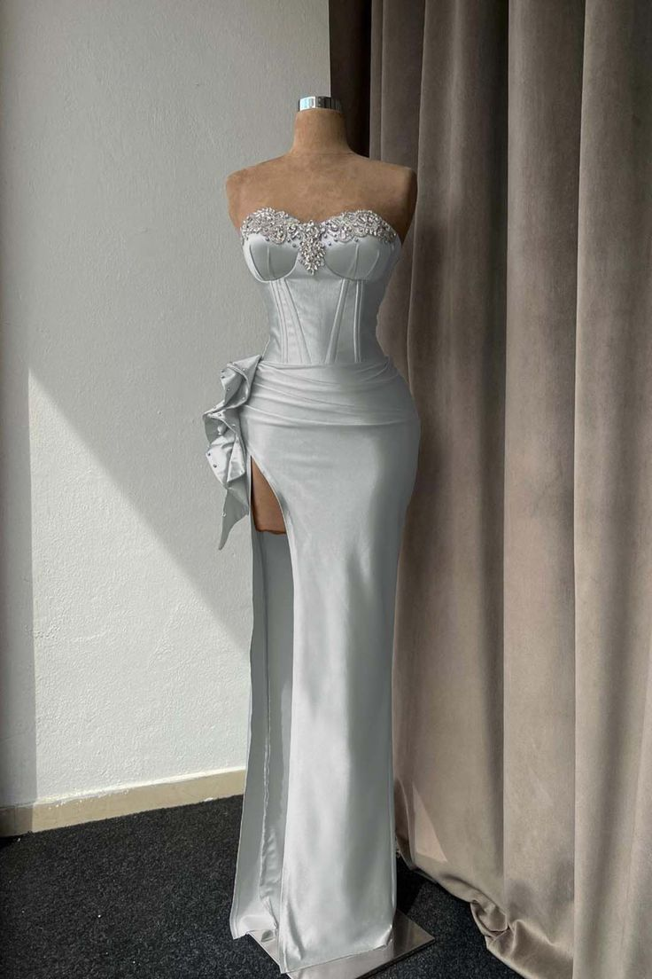 Luxurious Silver Strapless Beaded Slit Evening Dress Sheath Prom Dress