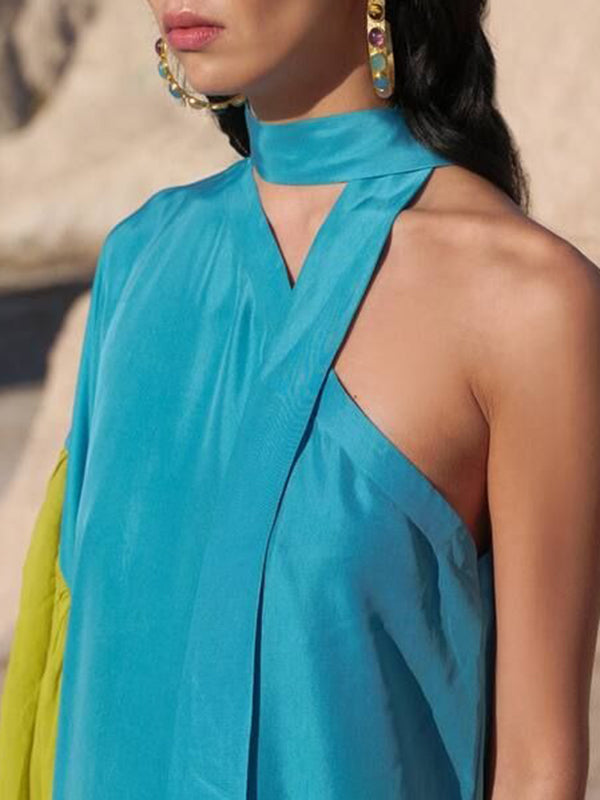 Loose Asymmetric Contrast Color Pleated Split-Joint Streamer One-Shoulder Evening Dresses Maxi Dresses - View 6 | VelvetHem