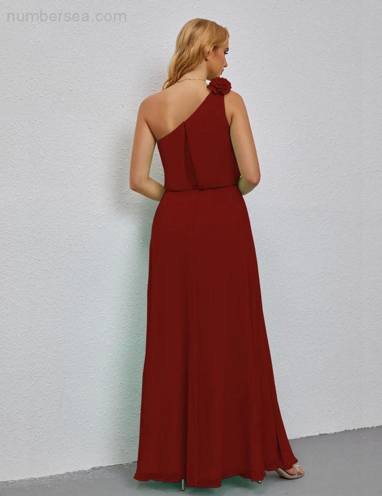 Ruffled One Shoulder Sleeveless Long Bridesmaid Dresses A-line Formal Evening Gown Side Split 28080 (ZD17018)