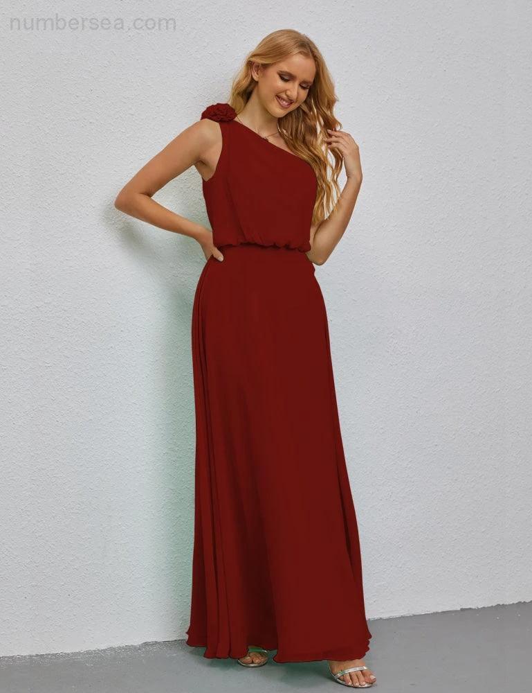 Ruffled One Shoulder Sleeveless Long Bridesmaid Dresses A-line Formal Evening Gown Side Split 28080 (ZD17018)